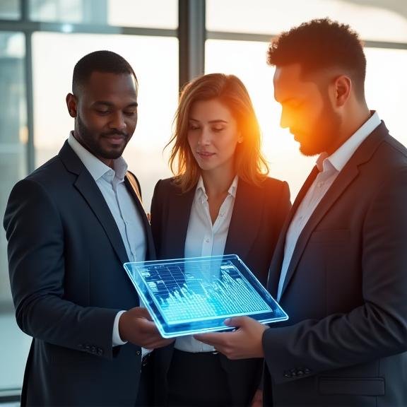Financial analysts looking at data on a large screen in a boardroom