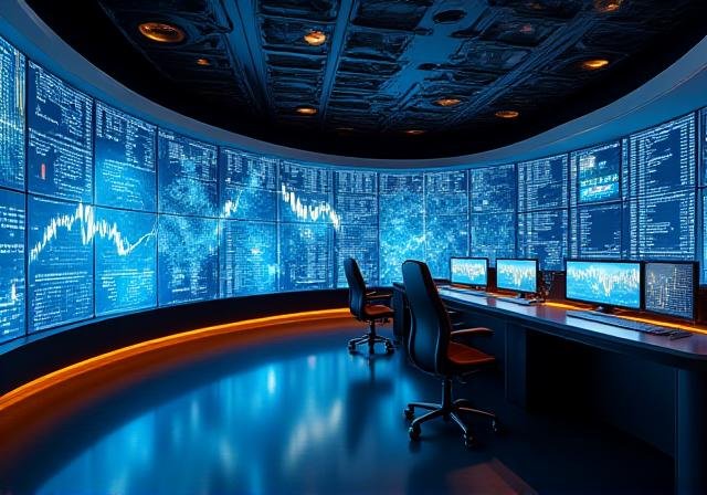 Modern financial trading floor with glowing data visualizations
