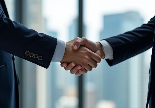 Modern business handshake with the Johannesburg skyline in the background