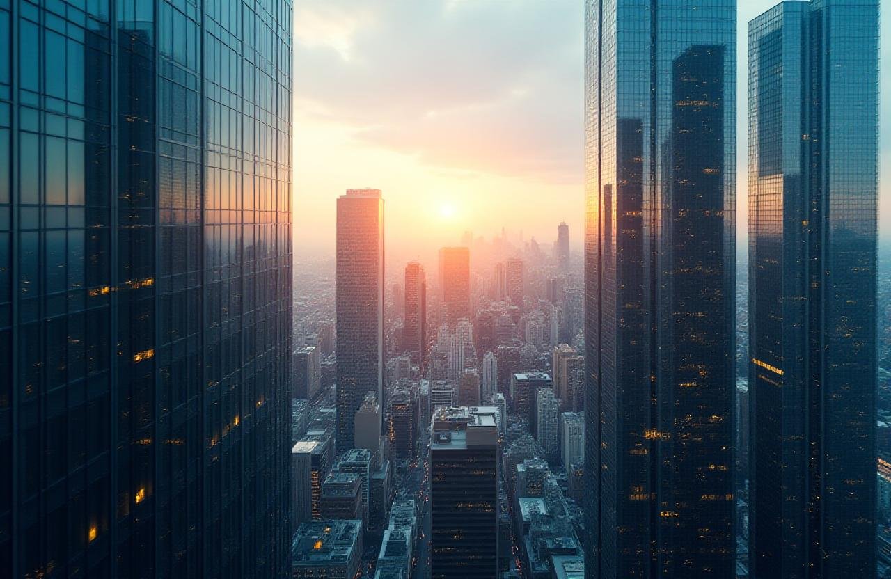 Modern financial district with digital overlay representing technology